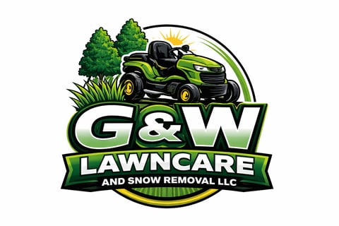G&W Lawncare and Snow Removal logo featuring green riding lawnmower with trees and sun graphic